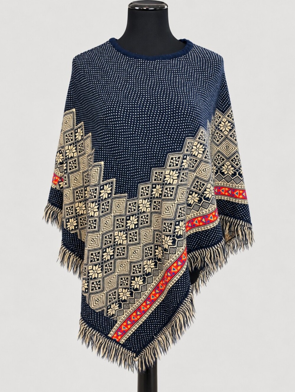 Dee Pee Navy Cream Nordic Folk Knit Fringe Poncho Boho Cape